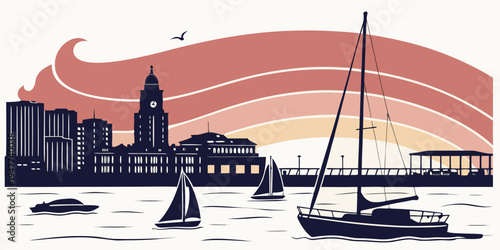 Sailboat on the water with a city skyline Vector
