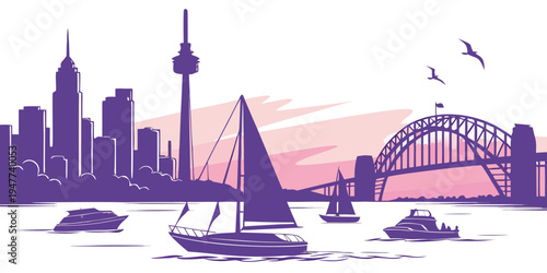 Sydney city skyline with sailboats and bridge Vector