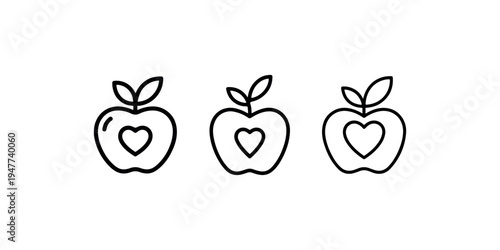 Healthy apple fruit line icon set with heart symbol for organic food nutrition and wellness lifestyle representing diet and natural healthcare ingredients