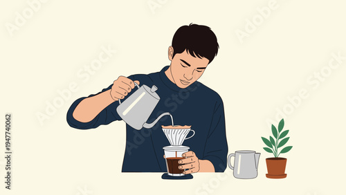 Skillful man carefully pours hot water into a dripper to make fresh pour over coffee on a table with a small houseplant nearby.