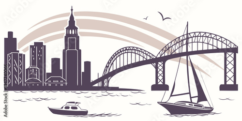 City skyline with sailboat and bridge Vector