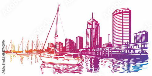 A city skyline with a crane and buildings Vector