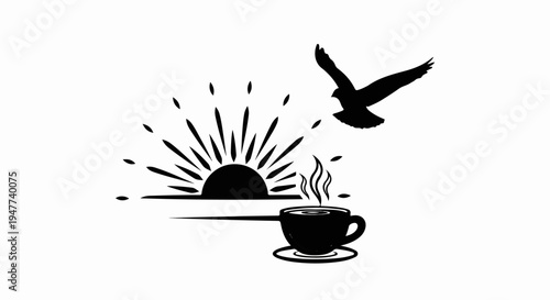 Silhouette of a steaming coffee cup, rising sun, and flying bird