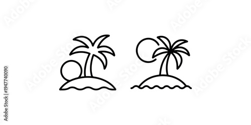 Tropical island palm tree line icon set with sun and ocean waves for summer vacation travel and exotic beach destination holiday concept design elements