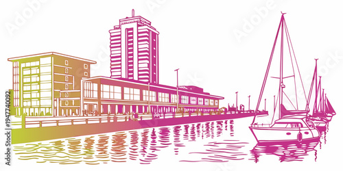 A pink and yellow illustration of a city waterfront with a sailboat Vector
