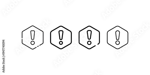 Warning alert line icon collection with exclamation mark in hexagon frames for caution notification and danger sign isolated on white background symbol