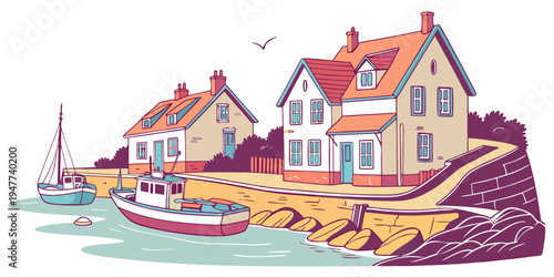 A colorful illustration of houses by the sea Vector