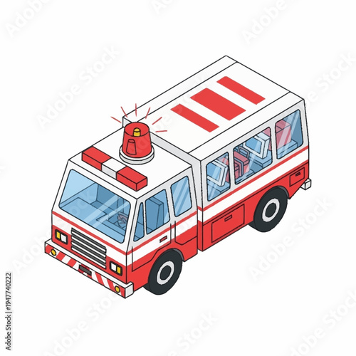 A red and white fire truck with lights on top.