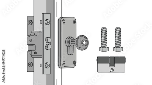 Technical diagram of a metal door lock mechanism shows the key inserted into the cylinder alongside various screws and spare parts.