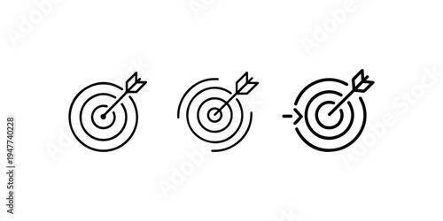 Target goal icons with arrow hitting bullseye representing marketing strategy success objective achievement and precision measurement in linear vector art