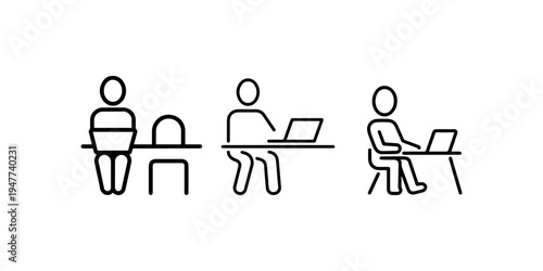 Man working on laptop at desk icon set vector. collection of people working on computer symbols in modern flat style, office work