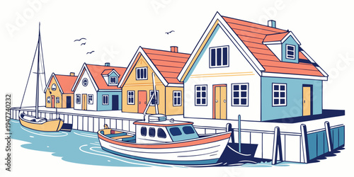 A colorful harbor with houses and boats Vector
