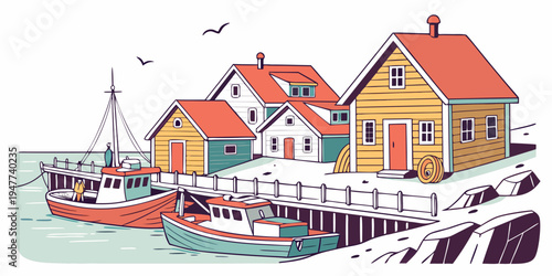 A colorful illustration of houses and boats by the sea Vector