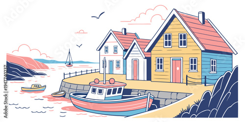 A colorful illustration of houses by the sea Vector