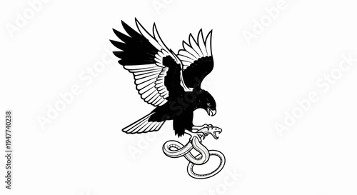 Striking black and white depiction of an eagle clutching a coiled snake