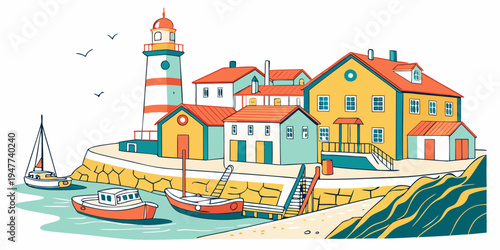 A colorful seaside town with a lighthouse and boats Vector