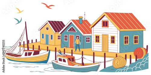A colorful illustration of a small coastal village with boats and houses Vector