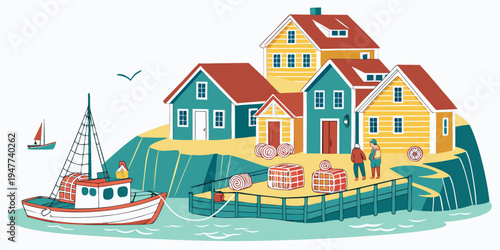 A colorful illustration of a seaside village with a boat Vector