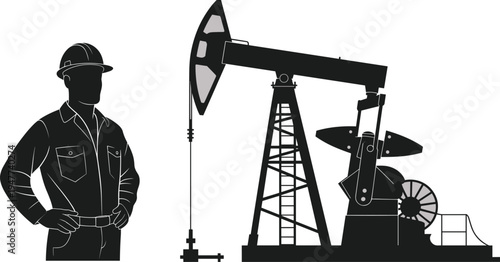 Oil industry worker and pumpjack silhouette vector, petroleum extraction equipment isolated for energy production and drilling design