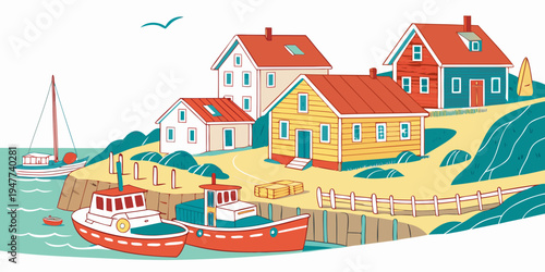 A colorful illustration of a seaside village with boats and houses Vector