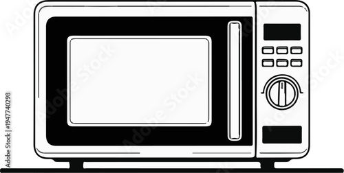 Simple line art illustration of a modern microwave oven with digital controls