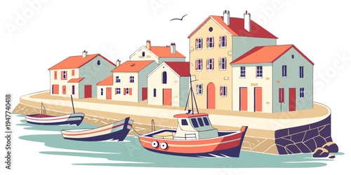 A colorful harbor with boats and buildings Vector