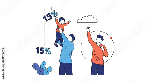 Men celebrate financial gains as one lifts a happy child next to floating percentage icons representing tax benefits or subsidies.