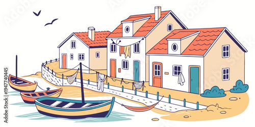 A colorful illustration of a seaside village with boats Vector