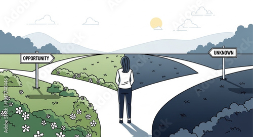 Person standing at crossroads decision.