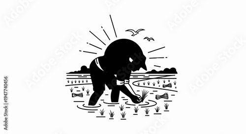 Silhouette of a farmer planting rice seedlings in a flooded paddy field under the sun