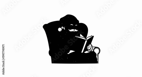 Silhouette of a figure with a mustache reading a book in an armchair