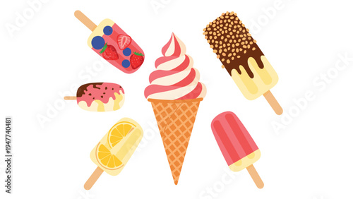 Selection of delicious ice cream treats include fruit popsicles, a swirled soft serve cone, and chocolate covered frozen bars.