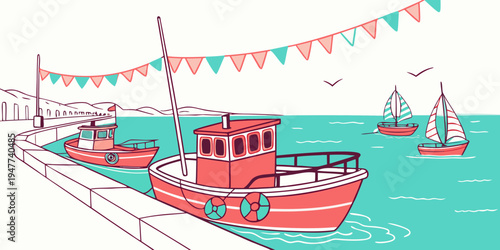 A red boat is docked at a pier with sailboats in the background Vector