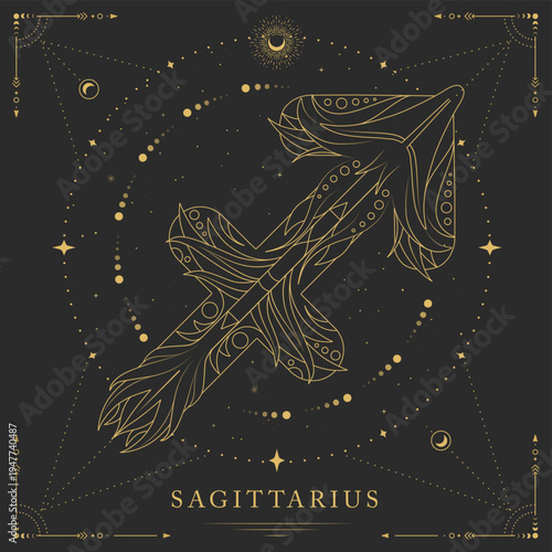 Modern magic witchcraft card with astrology Sagittarius zodiac sign on space background. Line art vector illustration