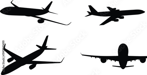 Passenger airplane silhouettes vector set, commercial aircraft collection isolated for aviation travel, transportation design and airline graphics