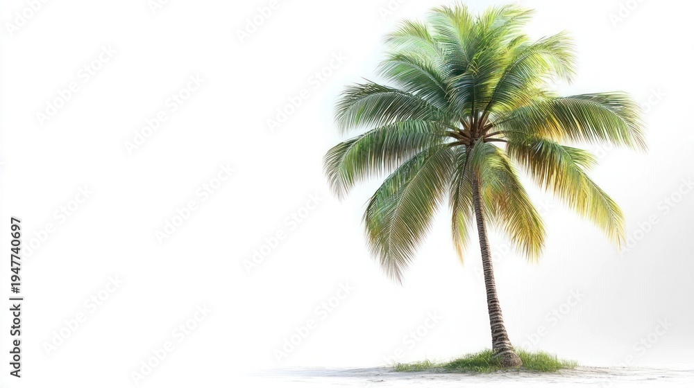Fototapeta premium solitary sunlit palm tree with green fronds and leaning trunk on white sandy ground, calm and tranquil tropical mood