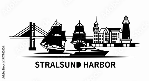 Silhouette of a harbor with ships, buildings, bridge, and lighthouse