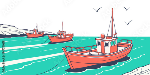 Red boats floating on a body of water Vector