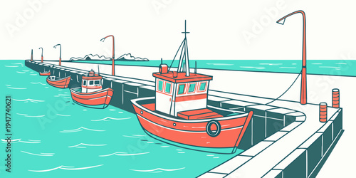 A red boat is docked at a pier with other boats Vector