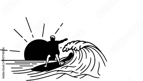 Silhouette of a surfer riding a wave at sunset with radiating sun lines