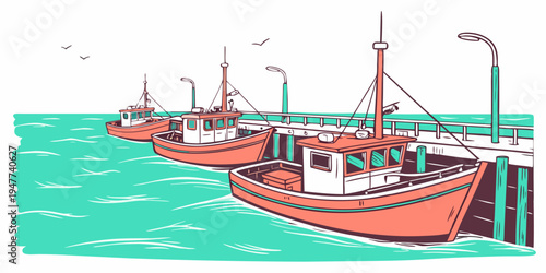 Boats are docked at a pier in the water Vector