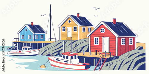 Colorful houses and boats by the waterfront Vector