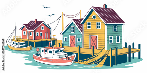 Colorful houses and boats by the waterfront Vector