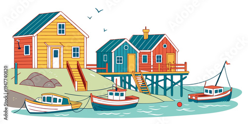 A colorful fishing village with houses and boats Vector