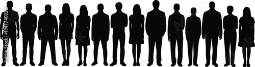 Business people silhouette set isolated on white background, diverse standing men and women group, corporate team concept, professional workforce lineup vector illustration for business 
