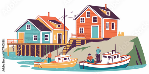 A colorful illustration of a fishing village with houses and a boat Vector
