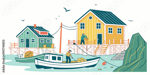 A small boat floating in front of two colorful houses Vector