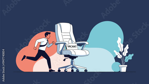 Motivated man in a shirt and tie runs towards a large white office chair with a vacant sign to apply for an available job opening.