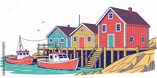 A colorful row of houses on stilts next to a boat Vector