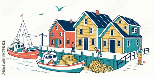 A colorful illustration of a seaside village with houses and boats Vector